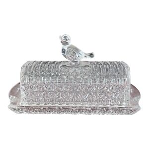 Hofbauer Byrdes Crystal Butter Dish Clear Bird Finial West Germany Excellent